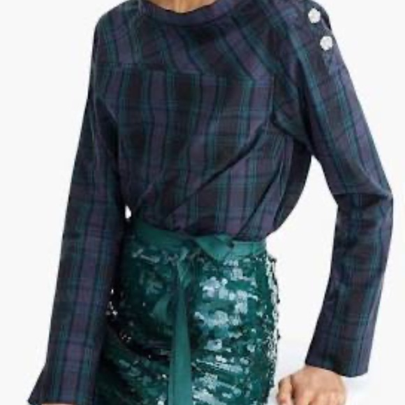 J. Crew Womens Plaid Jeweled Funnel Neck Blouse Top - Picture 6 of 8